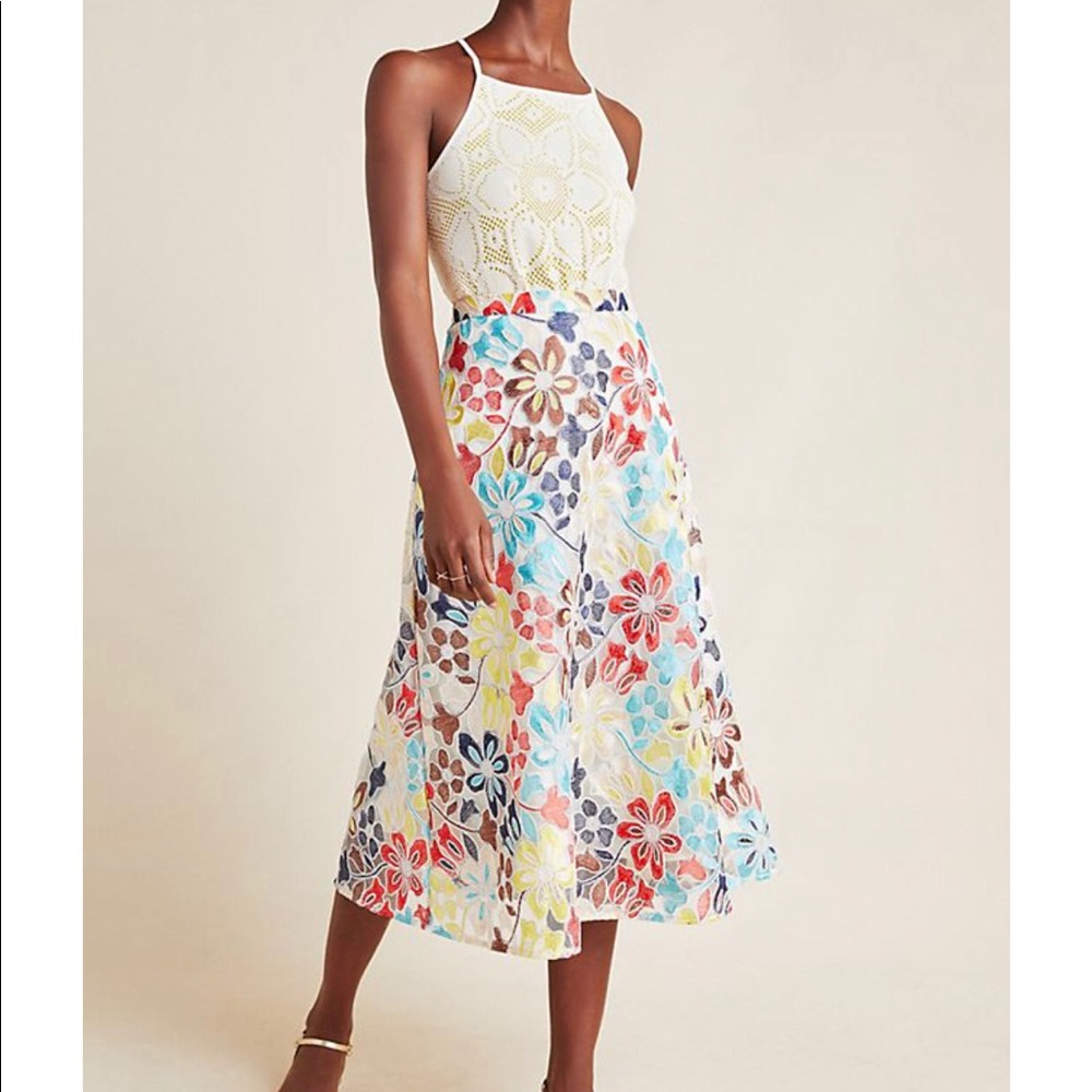 Anthropologie Plus Embroidered Floral Midi Skirt